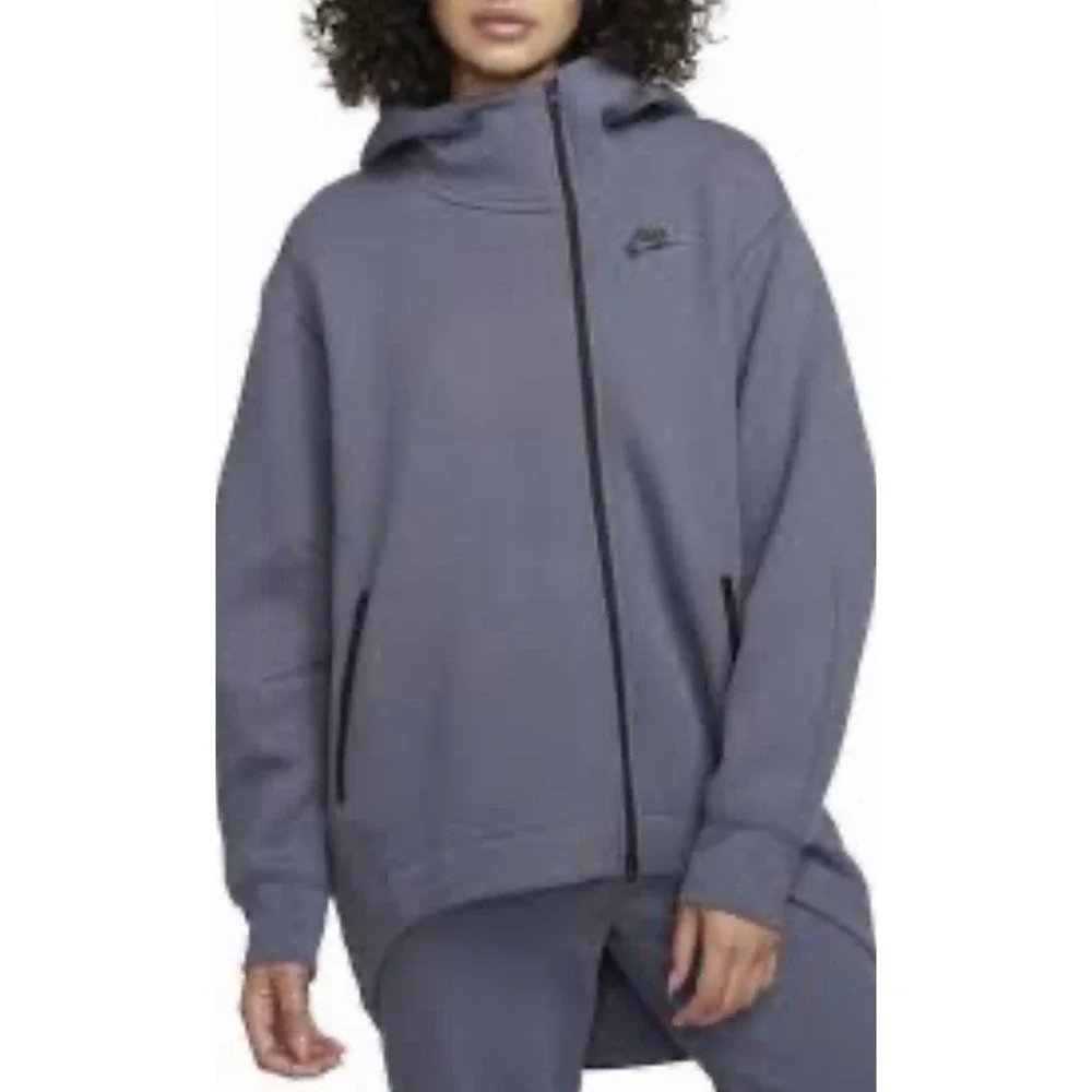 Nike Sportswear Tech Fleece Full Zip Hoodie Blue Grey High Low Hem Womens XL